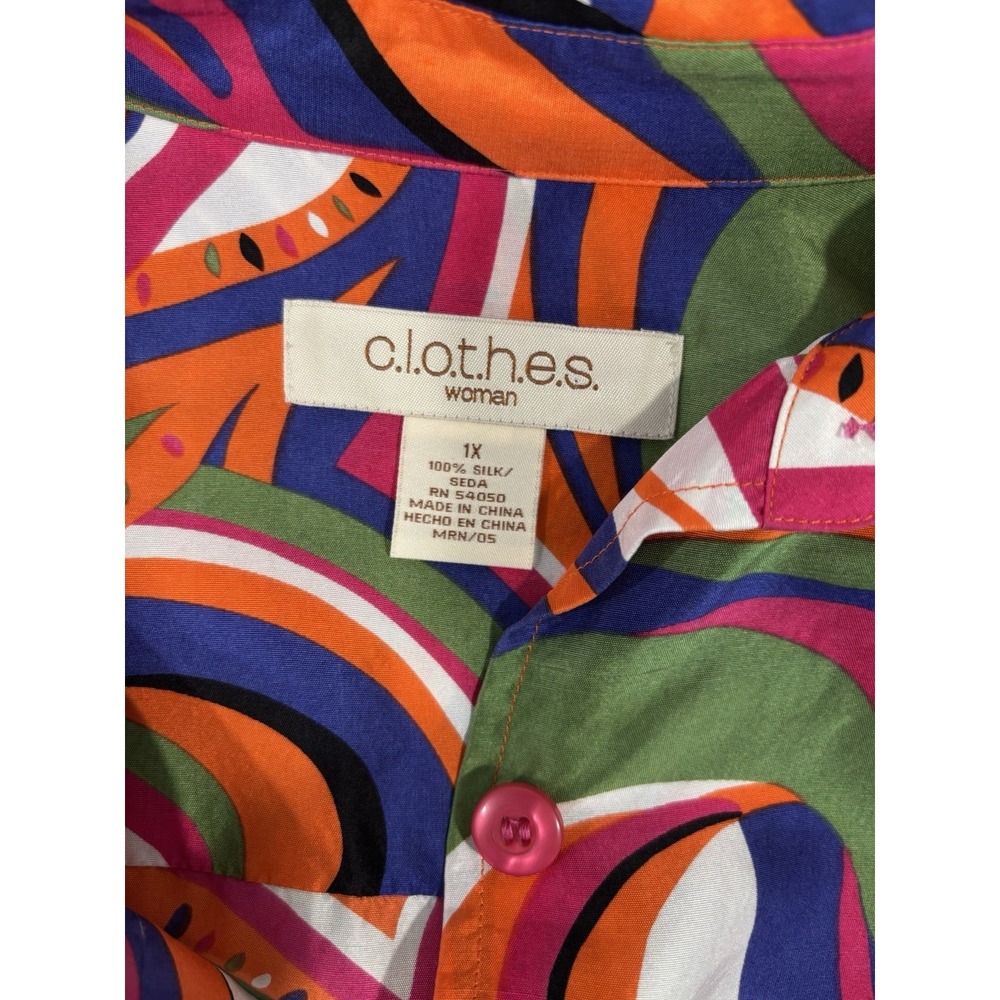Clothes 1X 100% Silk Colorful Paisley Retro Button Front Blouse Top Maximalist - Picture 6 of 8
